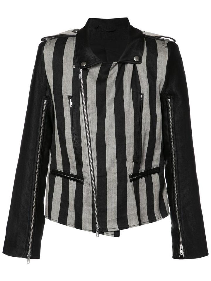 Ann Demeulemeester Striped Biker Jacket, Men's, Size: Medium, Black, Linen/flax/polyester/rayon