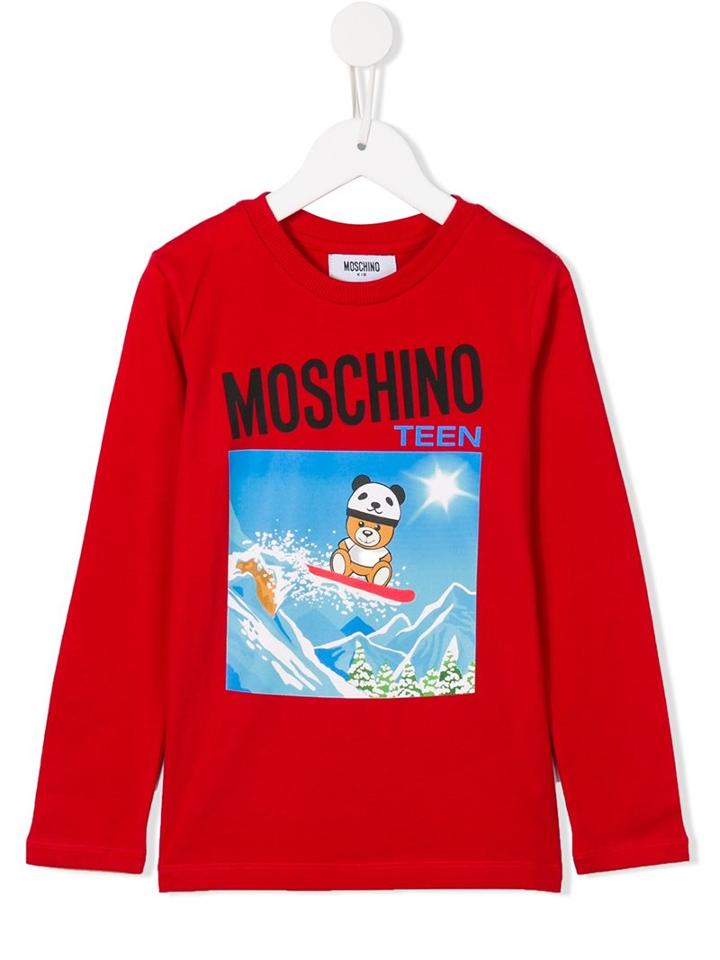 Moschino Kids Snowboarding Teddy Print T-shirt, Boy's, Size: 8 Yrs, Red
