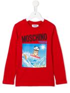 Moschino Kids Snowboarding Teddy Print T-shirt, Boy's, Size: 8 Yrs, Red
