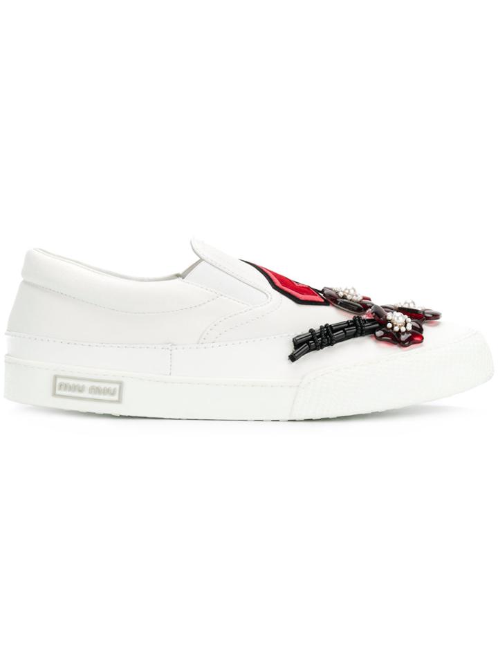 Miu Miu Laceless Embellished Sneakers - White