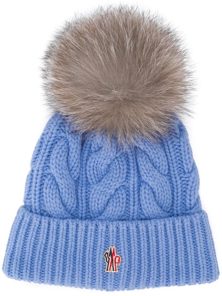 Moncler Grenoble Fox Fur Pom Pom Beanie Hat - Blue