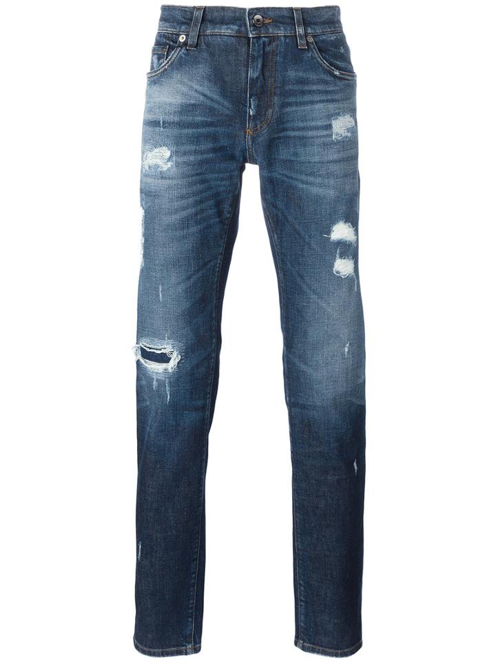 Dolce & Gabbana Distressed Jeans, Men's, Size: 46, Blue, Cotton/spandex/elastane/zamak/calf Leather