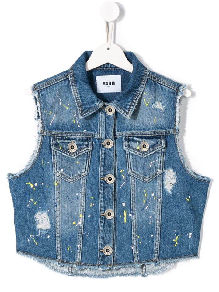 Msgm Kids Teen Paint Splatter Denim Gilet - Blue