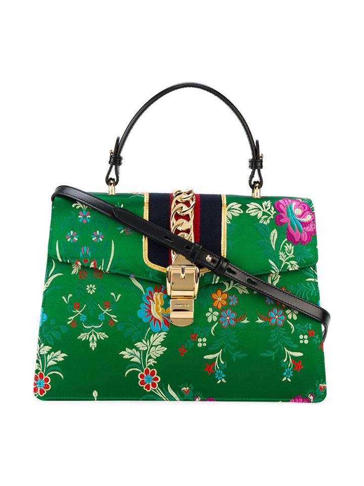 Gucci - Medium Sylvie Floral Print Bag With Top Handle - Women - Silk Satin/leather/metal - One Size, Green, Silk Satin/leather/metal