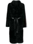 Blancha Side-stripe Belted Coat - Black