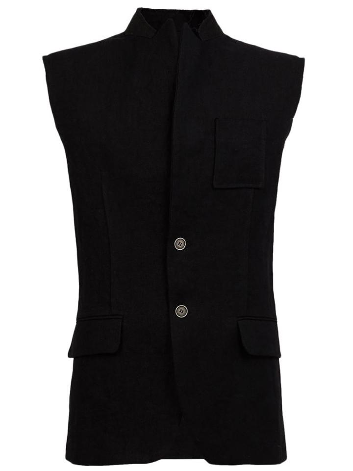 Aganovich Stand-up Collar Buttoned Gilet, Men's, Size: 50, Black, Linen/flax