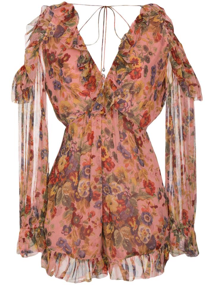 Zimmermann Floral Print Cold-shoulder Playsuit - Pink & Purple
