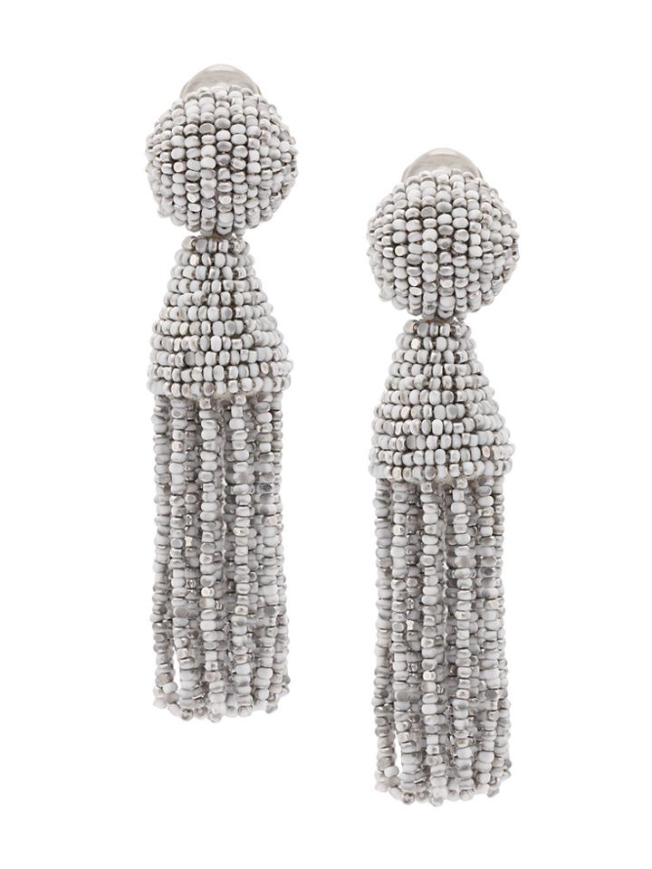 Oscar De La Renta Short Beaded Tassel Clip-on Earrings - White