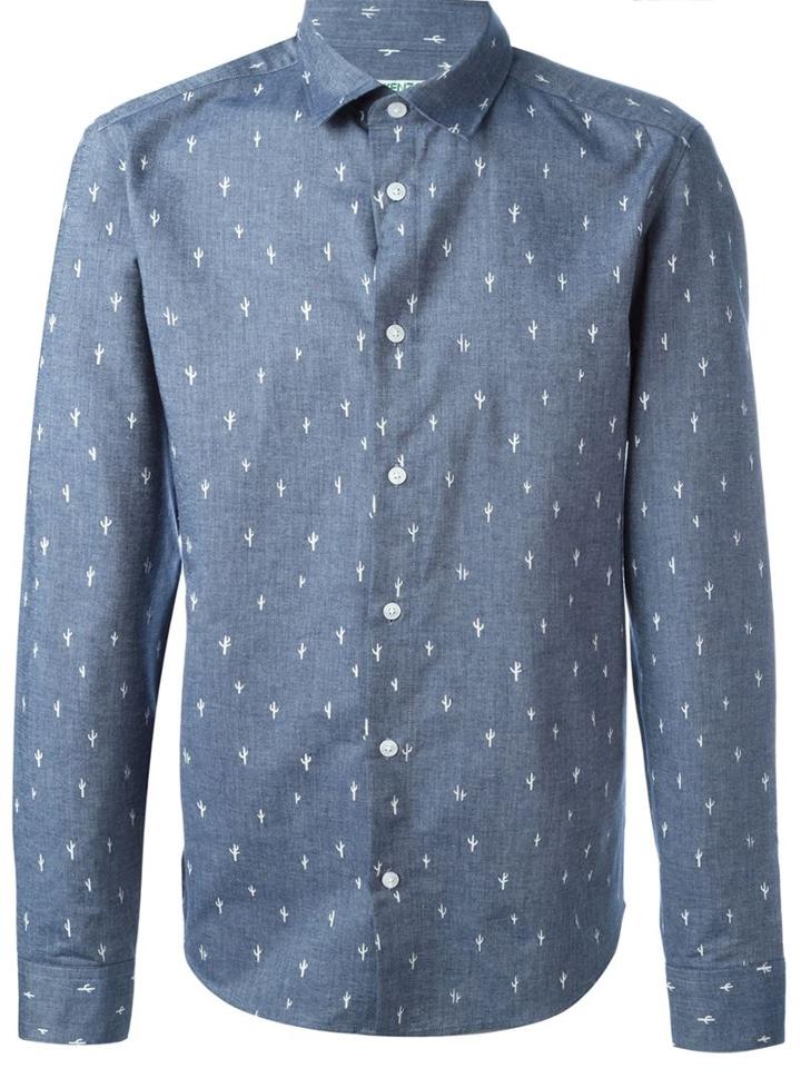 Kenzo Cactus Print Shirt, Men's, Size: 40, Blue, Cotton