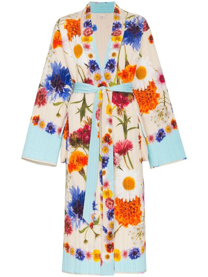 Natasha Zinko Floral Print Quilted Silk Maxi Robe - Neutrals