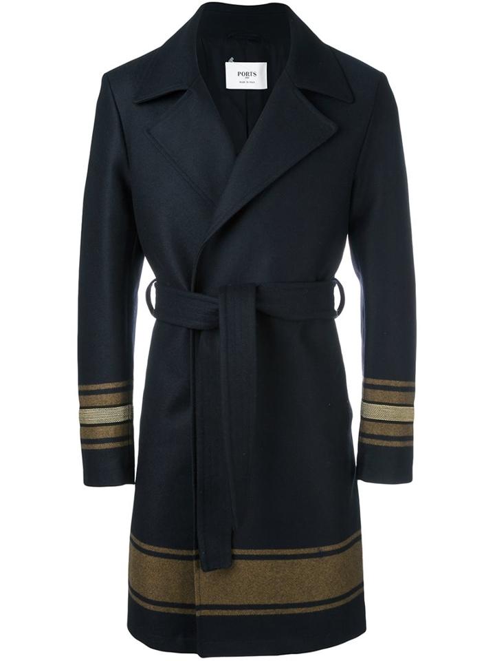 Ports 1961 Belted Waist Stripe Coat, Men's, Size: 46, Blue, Cotton/polyamide/polyester/metallic Fibre