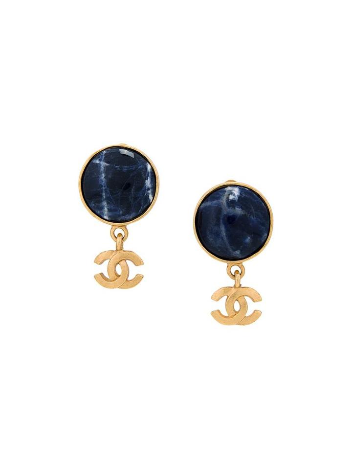 Chanel Vintage Zirconium Logo Clip-on Earrings, Women's, Blue