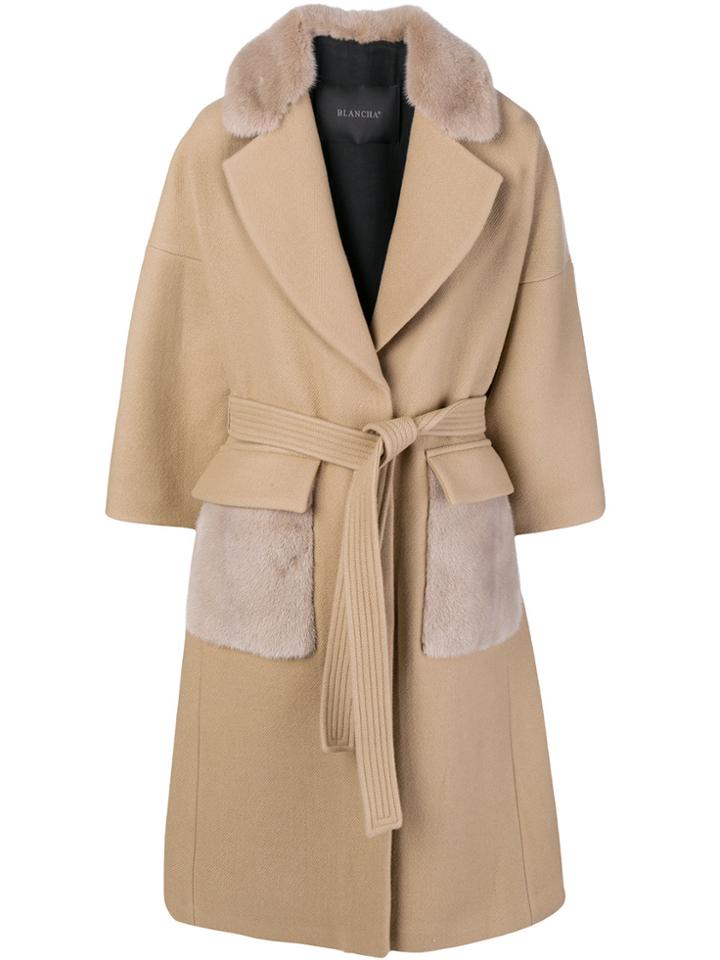 Blancha Fur Trimmed Belted Coat - Nude & Neutrals