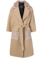 Blancha Fur Trimmed Belted Coat - Nude & Neutrals