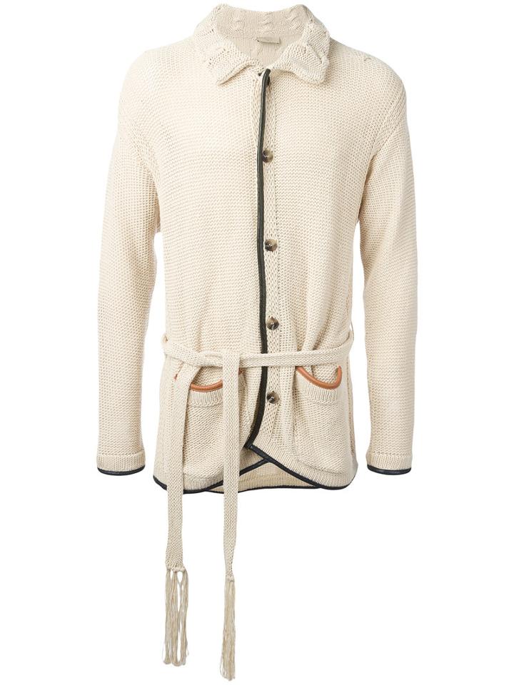 Maison Flaneur - Lace Up Cardigan - Men - Silk/leather - 50, Nude/neutrals, Silk/leather