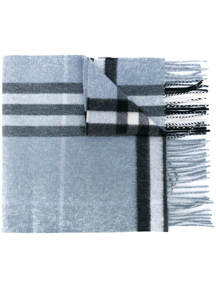 Burberry - Fringed Checked Scarf - Women - Cashmere - One Size, Blue, Cashmere
