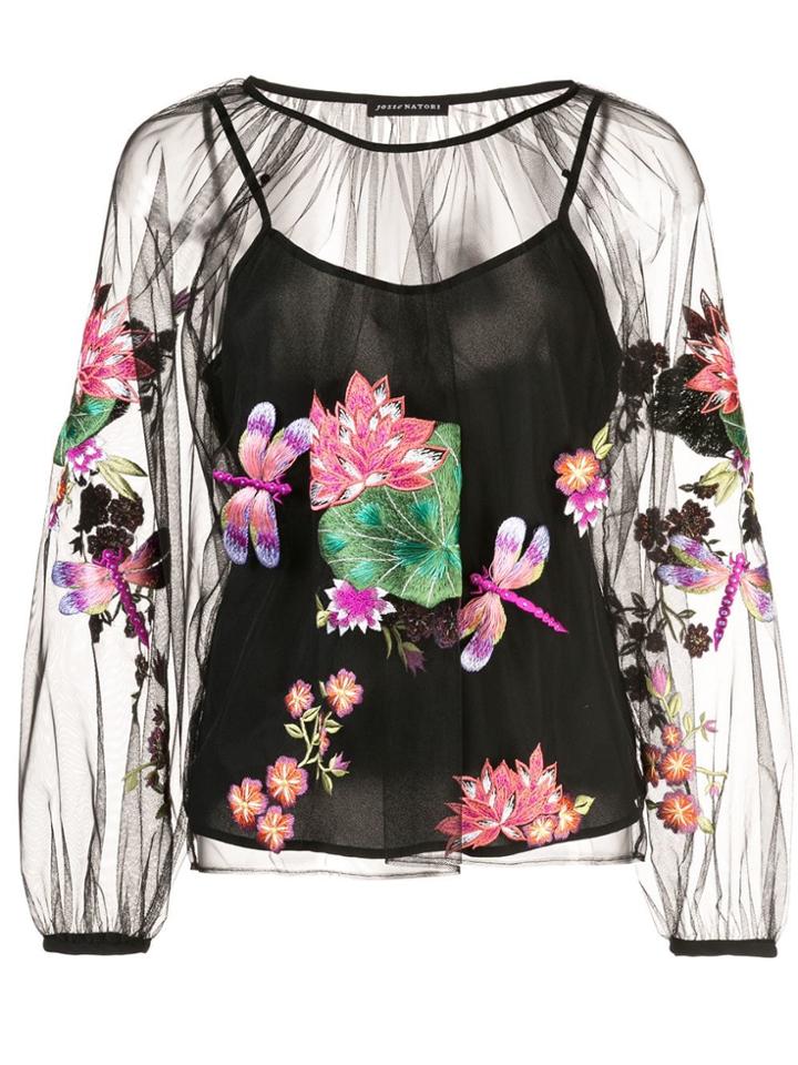 Josie Natori Embroidered Mesh Top - Black