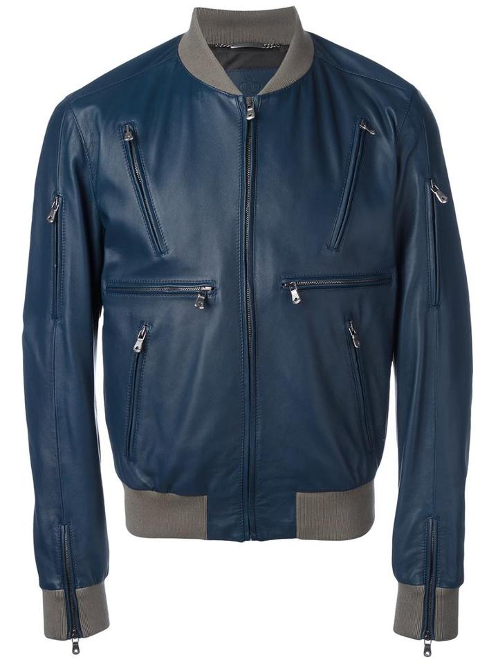 Dolce & Gabbana Leather Bomber Jacket, Men's, Size: 54, Blue, Lamb Skin/acetate/viscose/polyester