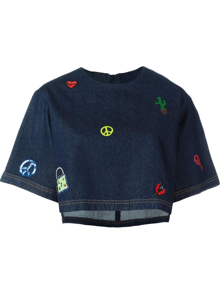 Steve J & Yoni P Embroidered Denim Crop Top
