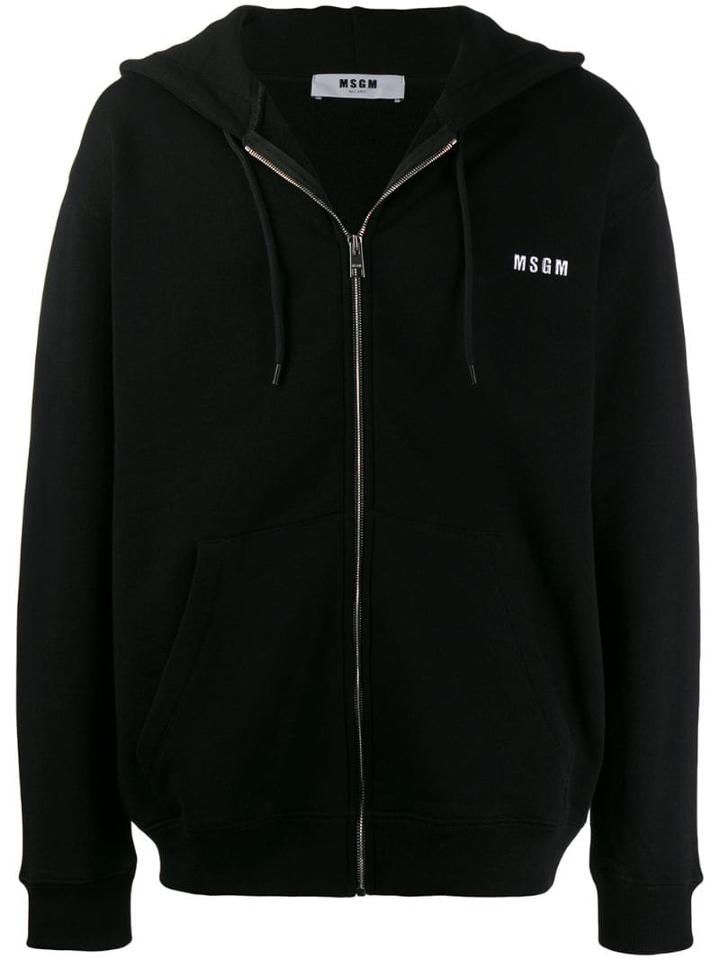 Msgm Logo Print Zipped Hoodie - Black
