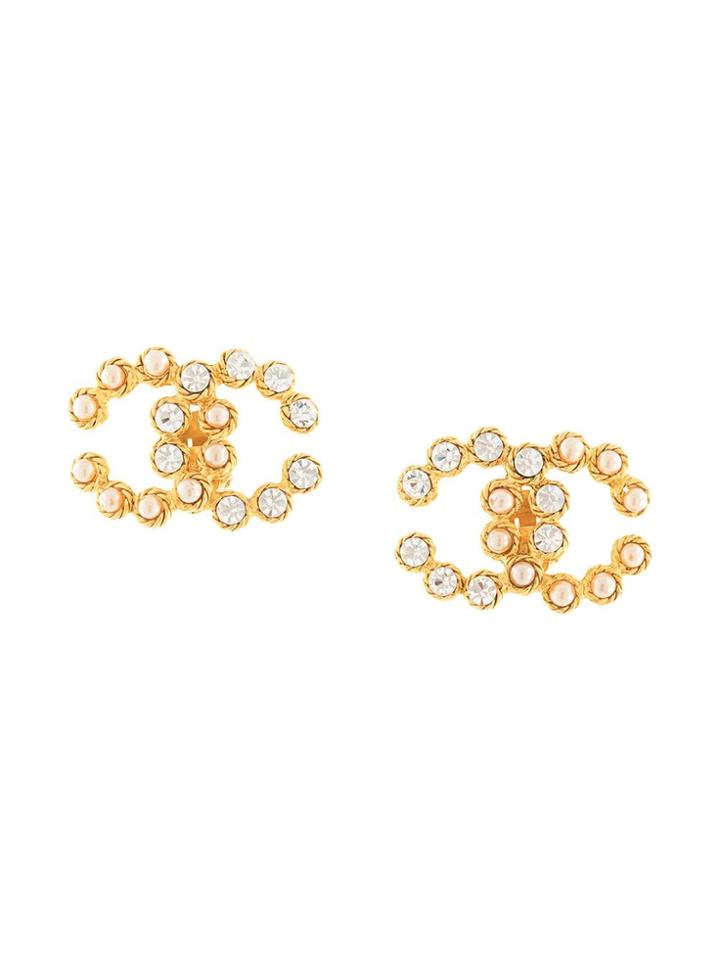 Chanel Pre-owned Faux Pearl Embossed Cc Earrings - Gold