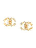 Chanel Pre-owned Faux Pearl Embossed Cc Earrings - Gold