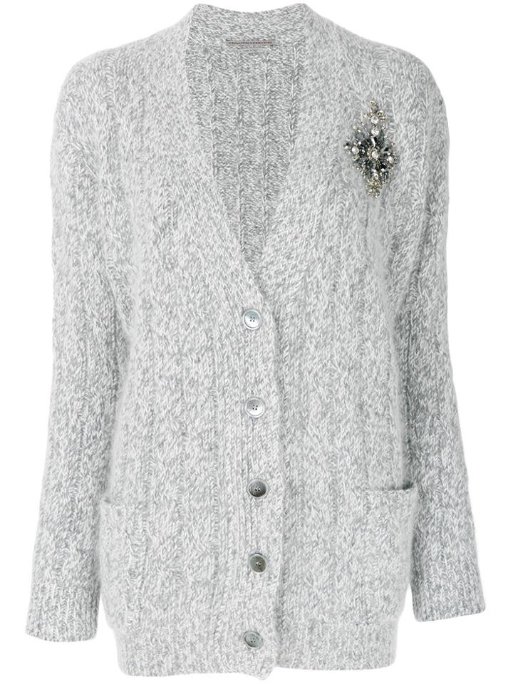 Ermanno Scervino Chunky Knit Brooch V-neck Cardigan - Grey