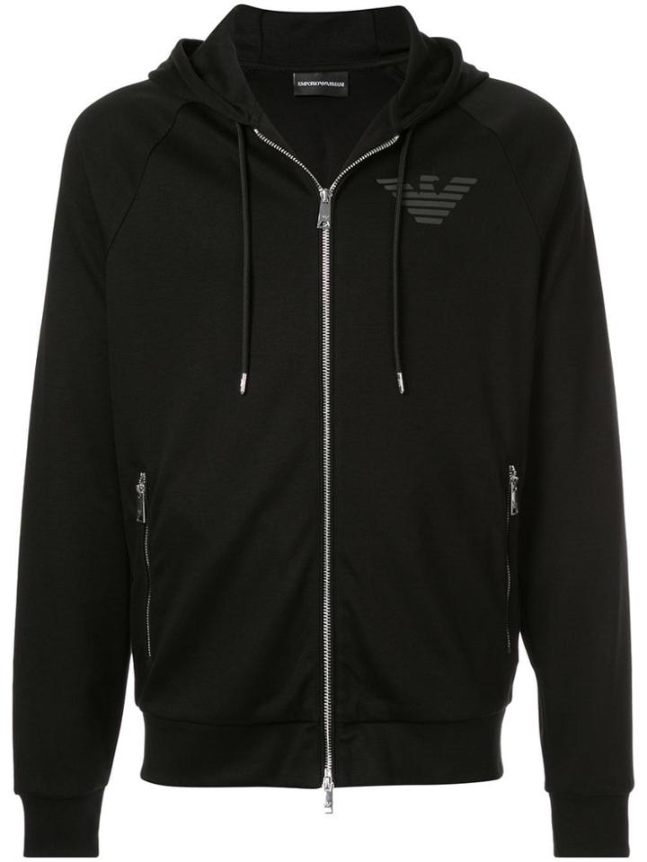 Emporio Armani Logo Print Zipped Hoodie - Black