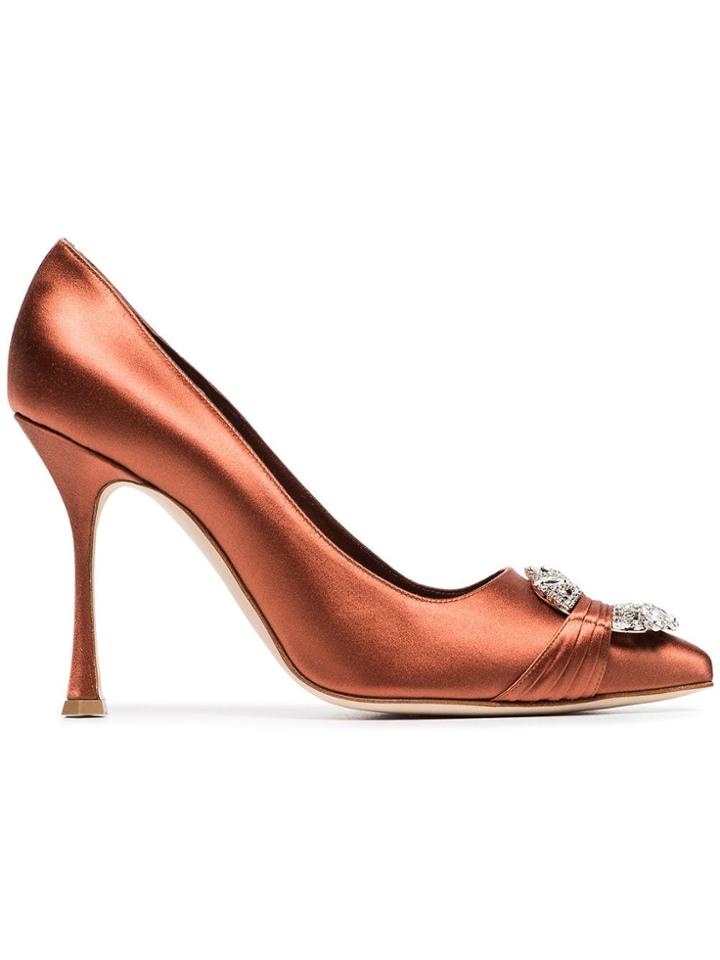 Manolo Blahnik Orange Maidu 105 Crystal Buckle Silk Satin Pumps -