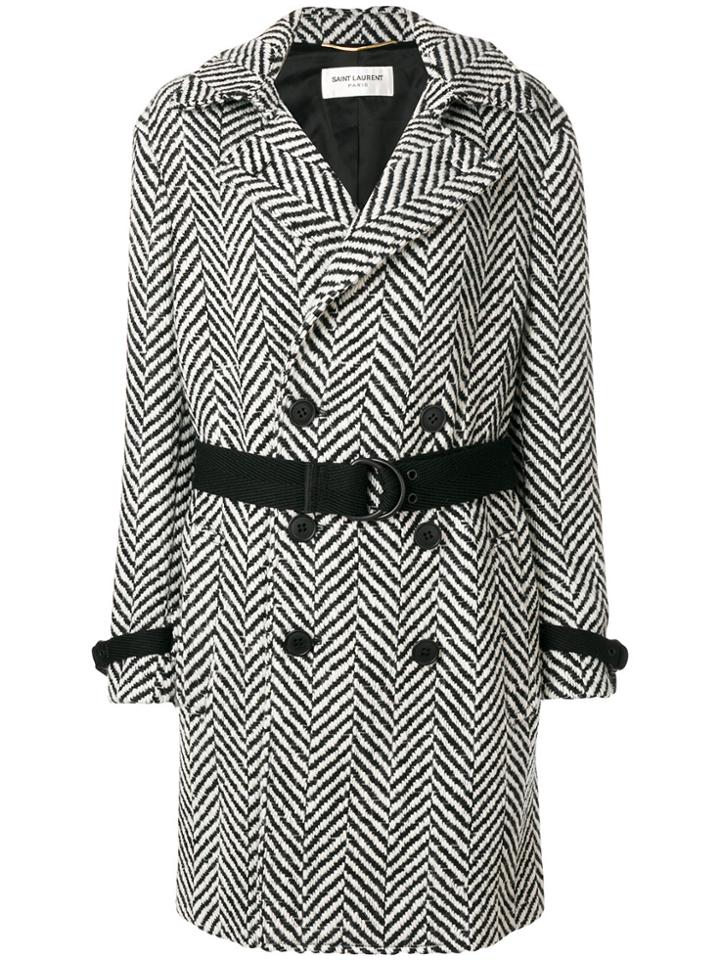 Saint Laurent Belted Graphic Knit Coat - Black