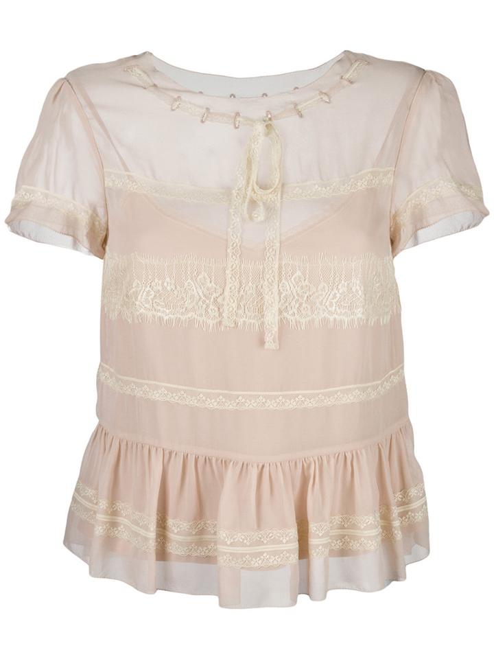 Red Valentino Lace Insert Shortsleeved Blouse, Women's, Size: 40, Pink/purple, Polyamide/polyester