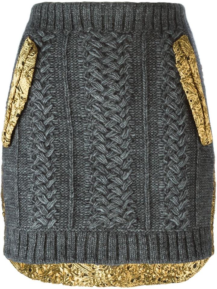 No21 Cable Knit Panelled Skirt, Women's, Size: 40, Grey, Polyamide/polyester/acrylic/cotton