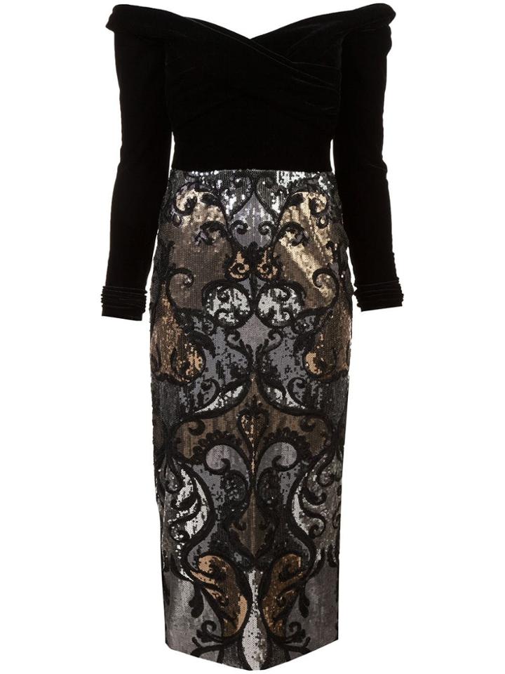Marchesa Notte Off-the-shoulder Sequin Embellished Dress - Black