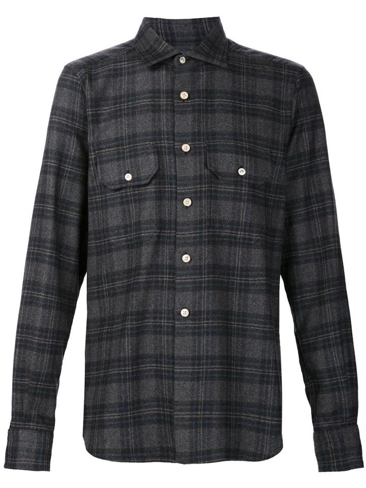 Kiton Plaid Button Down Shirt, Men's, Size: Large, Grey, Cashmere