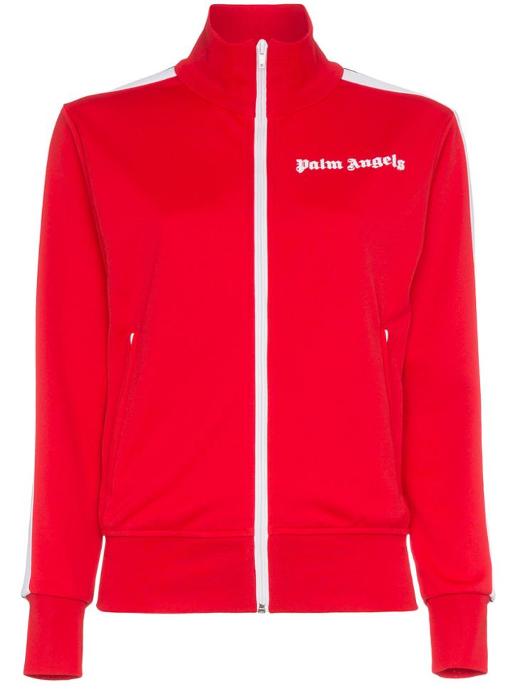 Palm Angels Logo Print Stripe Zipped Sweatshirt - Red