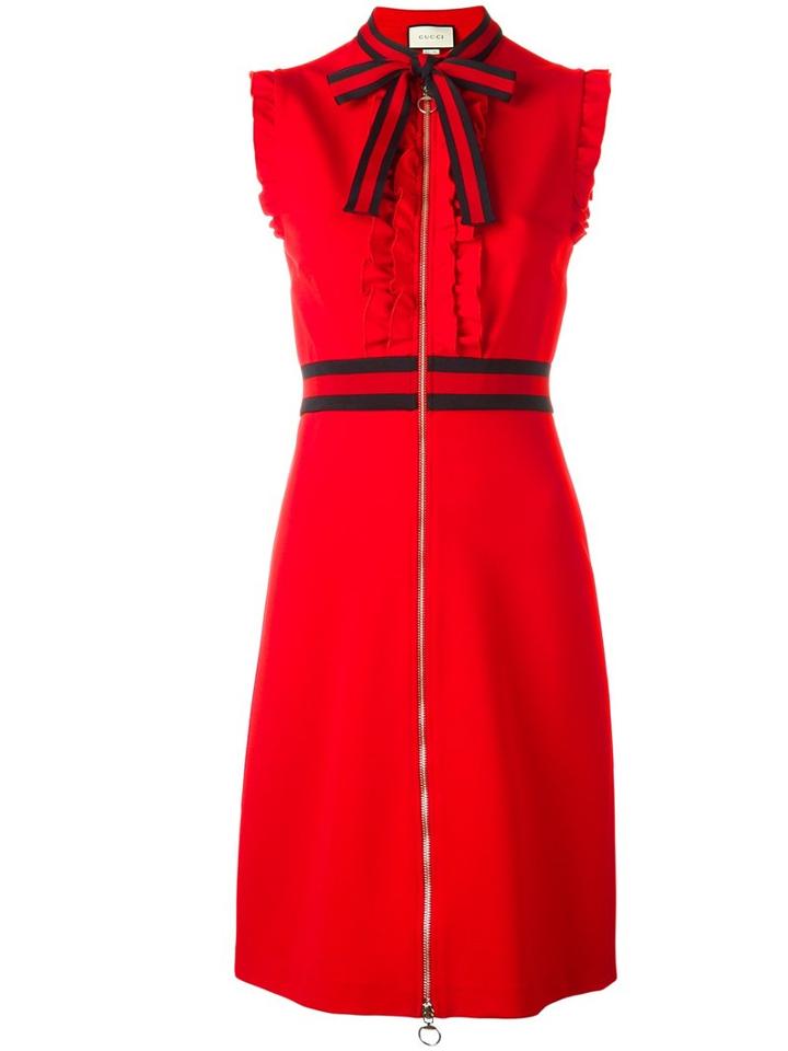 Gucci Web Trim Sleeveless Ruffled Dress, Size: Medium, Red, Polyamide/spandex/elastane/viscose/polyester
