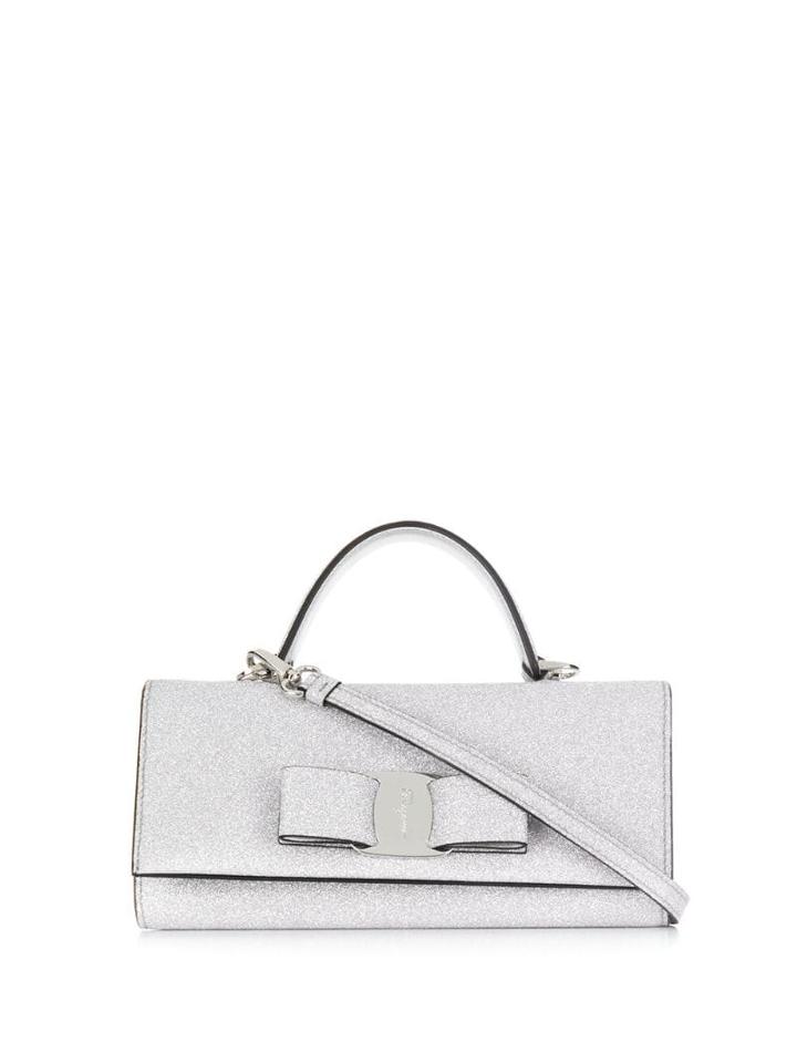Salvatore Ferragamo Vara Bow Glitter Wallet Clutch - Silver