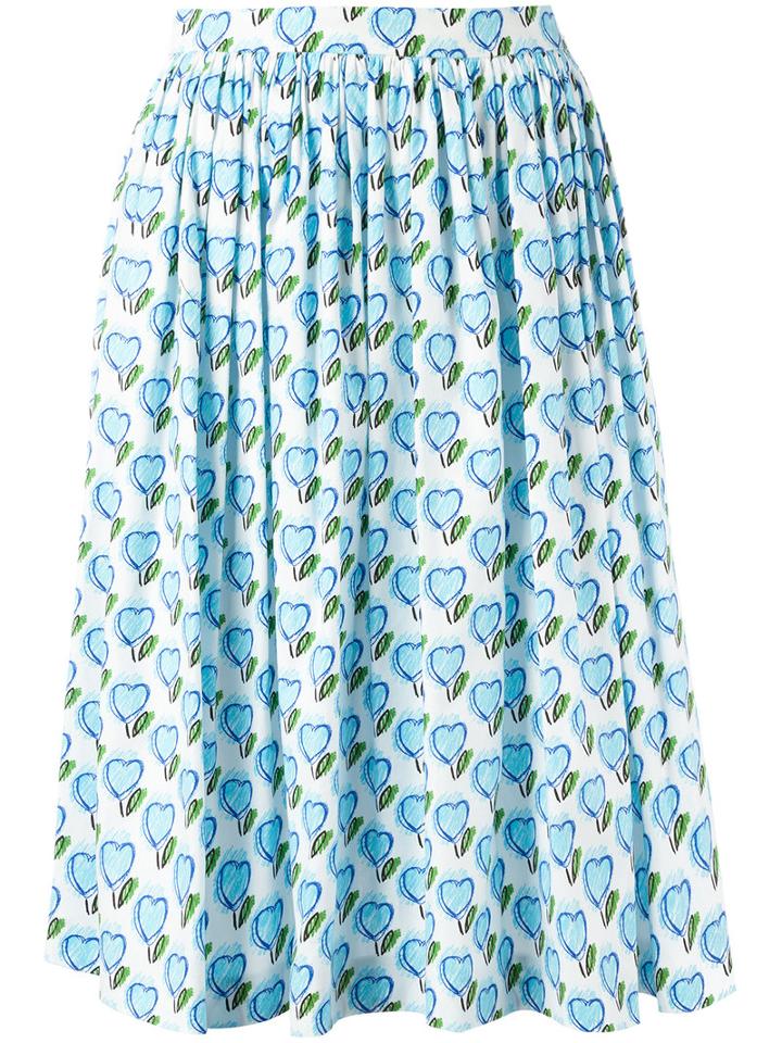 Prada Hearts Print Gathered Skirt, Women's, Size: 44, White, Cotton/spandex/elastane