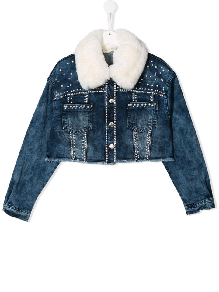 Monnalisa Pearl Embellished Denim Jacket - Blue