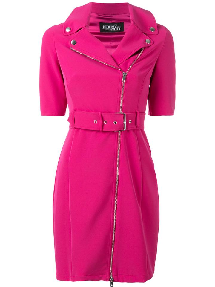Jeremy Scott - Zipped Shoulders Belted Dress - Women - Polyester/other Fibers - 40, Women's, Pink/purple, Polyester/other Fibers
