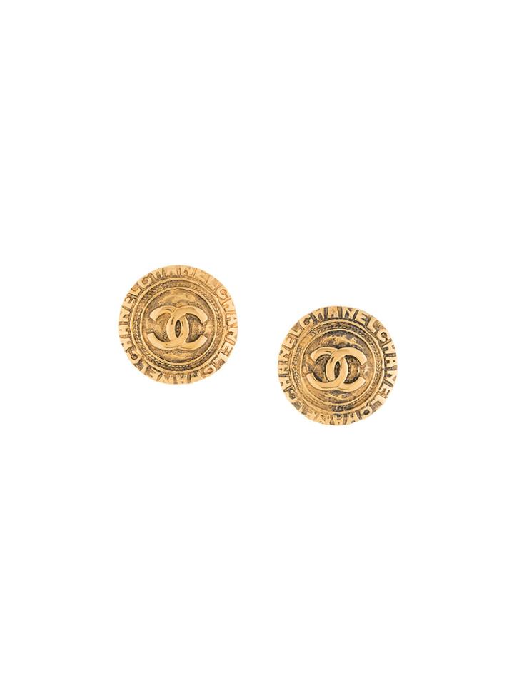 Chanel Vintage Edge Logo Round Earrings - Metallic