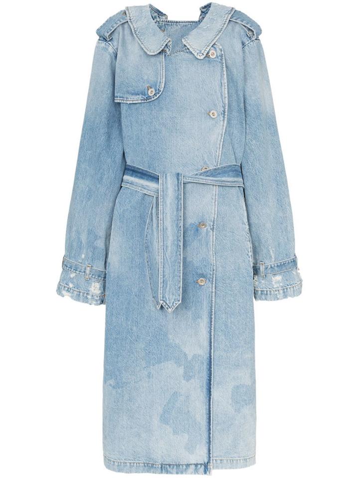 Unravel Project Stone Wash Back Button Denim Trench Coat - Blue