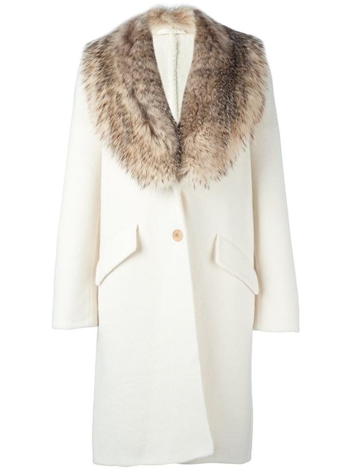 Ermanno Scervino Fur Collar Coat, Women's, Size: 42, White, Cupro/angora/virgin Wool/badger Fur