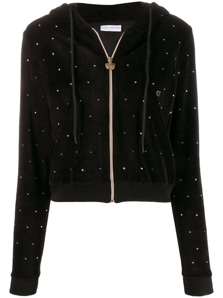 Chiara Ferragni Embellished Velvet Hoodie - Black