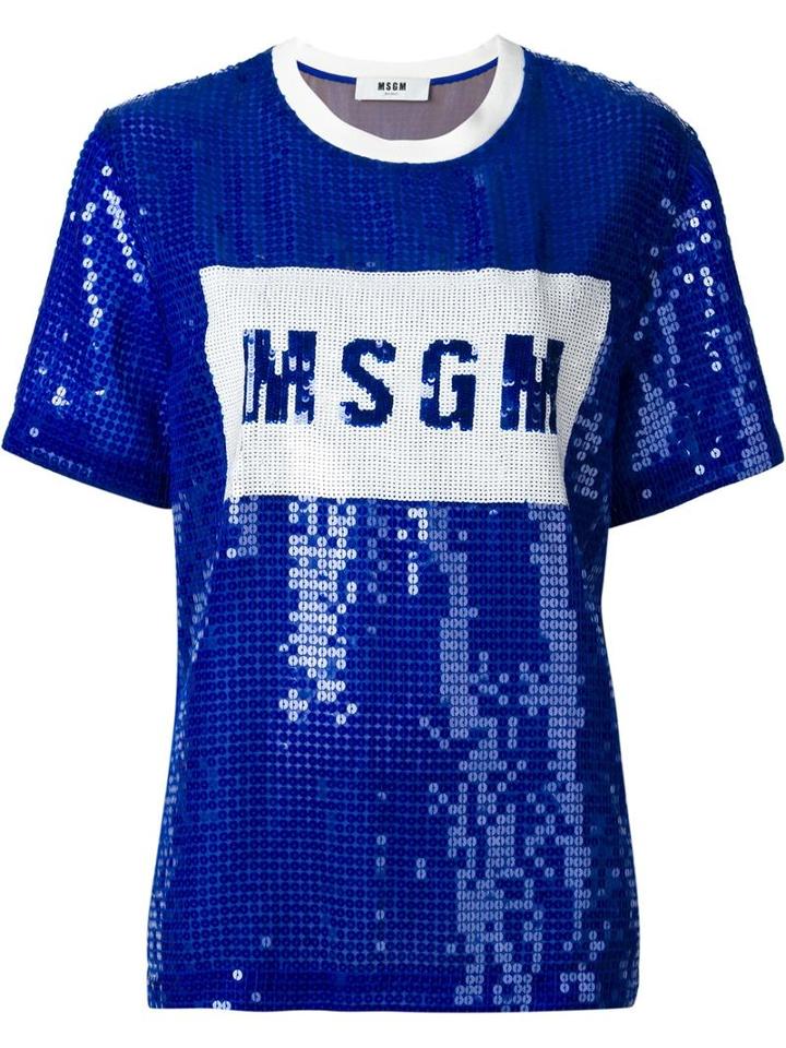 Msgm Beaded Detail T-shirt, Women's, Size: 42, Blue, Polyester/polyamide