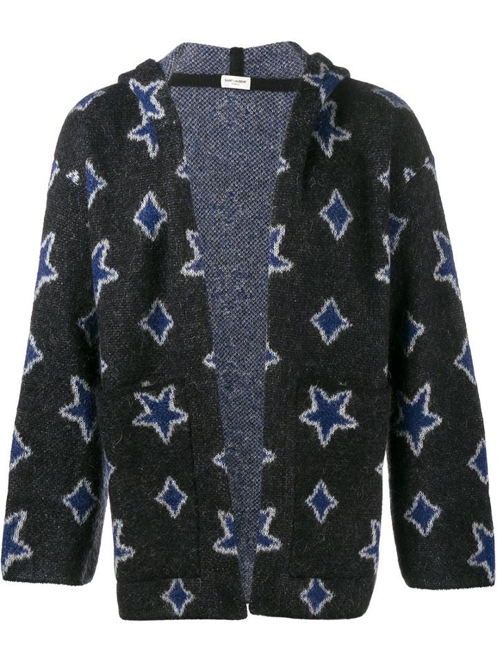Saint Laurent Star Intarsia Hooded Cardigan, Men's, Size: Medium, Black, Mohair/nylon/wool