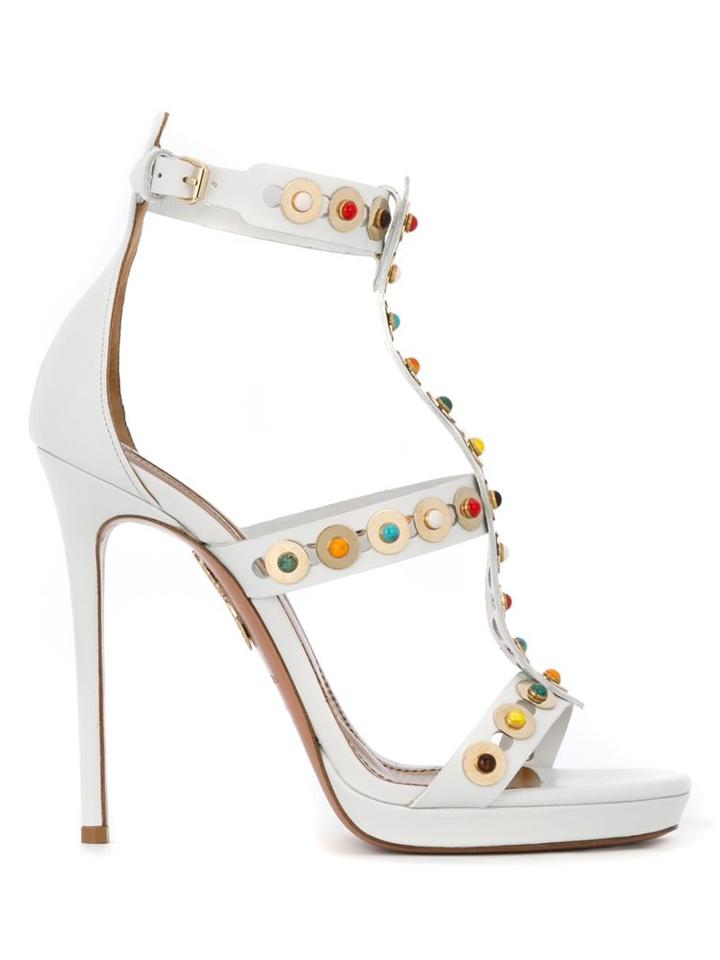 Aquazzura Byzantine Studded Sandals, Women's, Size: 39, White, Leather/goat Skin/calf Leather