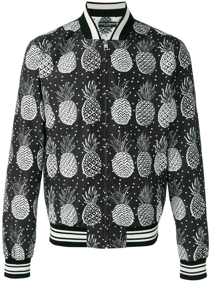 Dolce & Gabbana Pineapple Print Bomber Jacket, Men's, Size: 48, White, Polyester