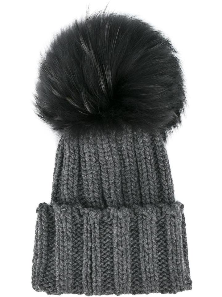 Inverni Ribbed Fur Pom Pom Beanie, Women's, Grey, Cashmere/racoon Fur