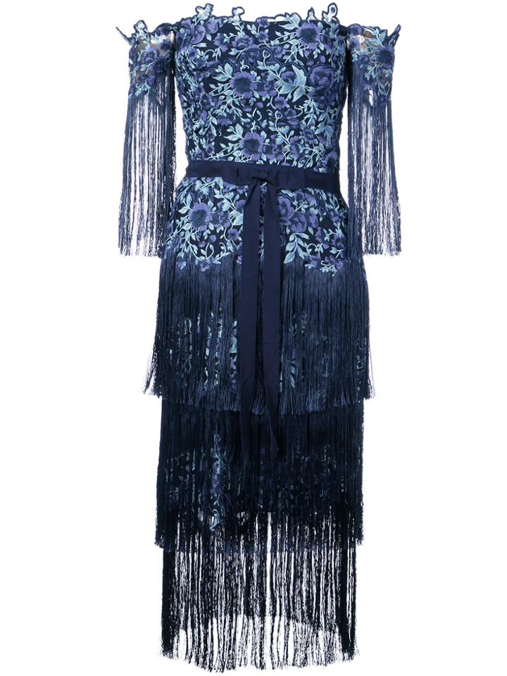 Marchesa Notte Floral Embroidered Tassel Dress - Blue